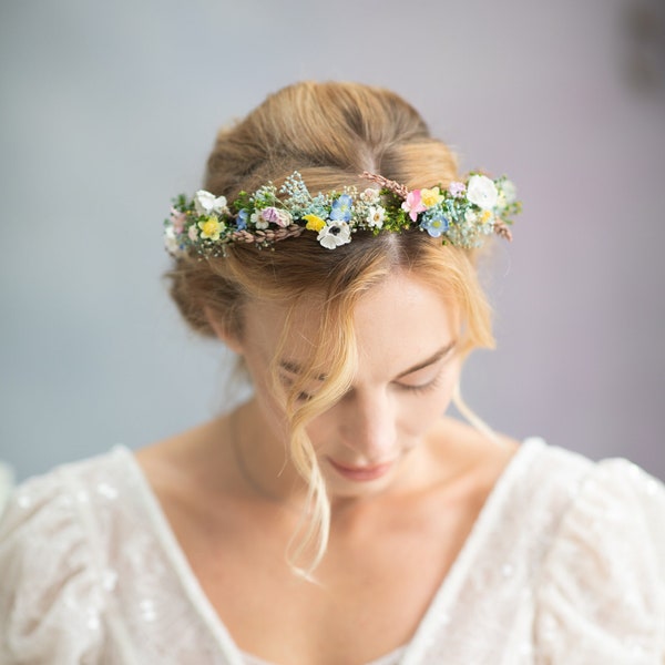 Meadow anemone flower crown Wedding wildflowers hair wreath Bridal wedding accessories Forget me nots flower crown Spring wedding Magaela