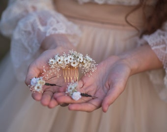 Getrocknete Blumen Haar-Set Elfenbein getrocknete Haarnadeln Beige Haarnadeln Mini Rose Natürliche Brautkamm Haarschmuck Romantische Brautfrisur Magaela