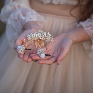 Dried flower hair set Ivory dried hairpins Beige hairpins Mini rose Natural bridal comb Hair accessories Romantic bridal hairstyle Magaela Set- 2 pins & 1 comb