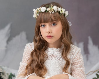 First communion flower crown White and ivory communion hair wreath with roses Flower crown for girl Fairy Holy communion headpiece Magaela