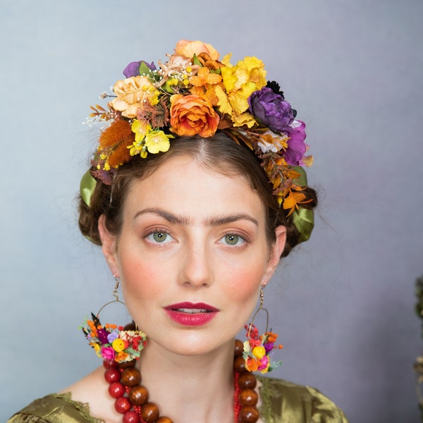 Autumn Frida Kahlo headband Fall Wedding Yellow and orange bridal headband Bride to be Mexican headband Cinco de mayo Halloween Magaela