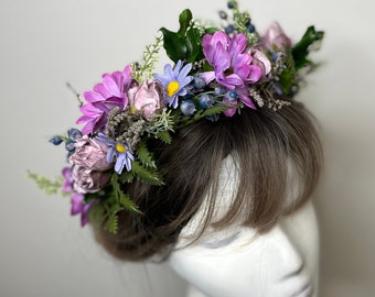 Meadow flower half wreath Purple wedding crown Violet bridal headpiece Lilac flower half wreath Large wedding boho wreath Magaela