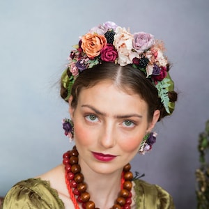 Wedding Frida flower headband Purple Pink Orange flower headband with berries Pastel Bridal hair flowers Wedding accessories Magaela