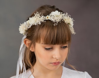 Conjunto de comunión - Corona de flores/Pulsera/Cinturón, Corona de primera comunión, Corona de pelo marfil y blanco con velo de cinta, Magaela, Niña de las flores