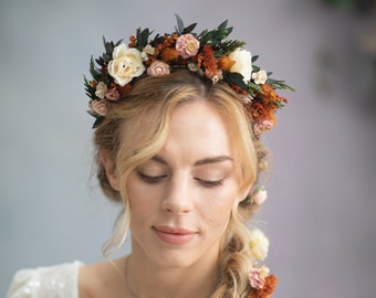 Autumn flower headband Burnt orange cinnamon Fall headpiece Wedding accessories Ivory roses hairband Orange Wedding headband Magaela crown