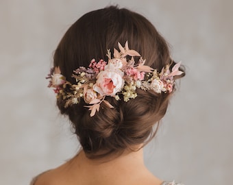 Tralcio da sposa modellabile arrossato, fiori per capelli, accessori da sposa romantici, pettine di fiori rosa pallido, pettine per capelli da sposa, tralcio per capelli flessibile pieghevole