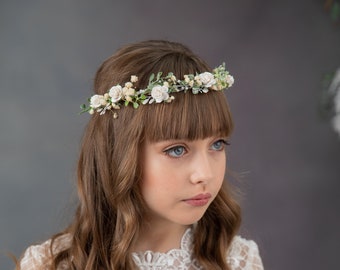 White communion hair wreath with roses First holy communion crown Bridal flower hair wreath Flower girl headband Wedding accessories Magaela