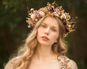 Golden boho wedding hair crown  Flower wedding wreath Bridal hair crown Wedding accessories Magaela hair crown Handmade flower crown