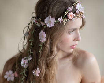 Blush flower wedding wreath with vines Bridal crown Boho wedding hair  flowers Bridal hairstyles Magaela Bride to be Long hanging vines