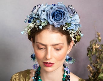 Blue two sided headband Frida Kahlo bridal headband Blue wedding crown Big flower headband Winter wedding Halloween Cinco de mayo Magaela