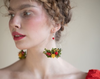 Summer yellow and red flower earrings for bride Circle floral earrings 2021 Wedding dangle earrings Handmade dried flower jewelry Magaela