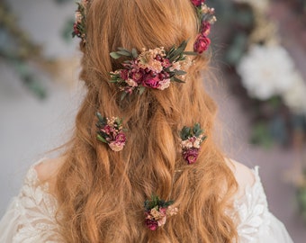 Burgundy flower hair comb and 3 hairpins Autumn wedding accessories Bridal hair jewellery Fall bridal hair pin Flower headpiece with berries