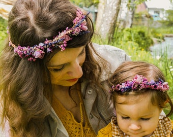 Corone di capelli rosa e viola Set di corone abbinate Mamma e me Accessori da sposa Per bambini foto props fiore ragazza copricapo