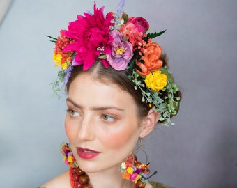 Serre-tête fleurs fuchsia, couronne de cheveux Frida Kahlo Serre-tête de mariage coloré couronne de mariage dahlias, jour des morts mexicain, mariage d'Halloween