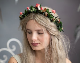 Woodland flower wreath with red mushrooms Halloween hair wreath Flower hair crown Forest crown with pine cones Magaela Woodland wedding