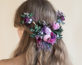 Purple flower hair vine Wedding flower hair vine Bridal hair flowers Very peri wedding crown Bridal half wreath Magaela Violet wedding