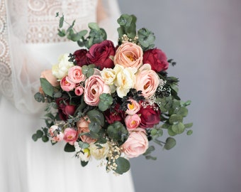 Burgundy and blush bridal bouquet with roses Romantic eucalyptus wedding accessories Greenery bouquet Peach peony toss bouquet Magaela