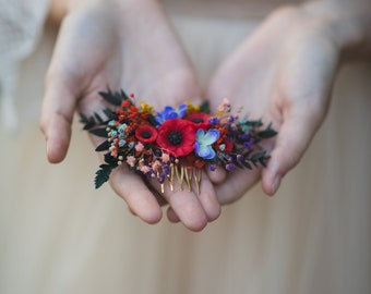 Small folk wedding flower comb Bride to be Poppy flowers bridal comb Slavic wedding Wedding accessories Hair flowers Magaela Colourful comb