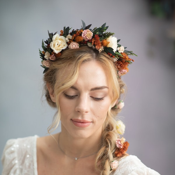 Autumn flower headband Burnt orange cinnamon Fall headpiece Wedding accessories Ivory roses hairband Orange Wedding headband Magaela crown