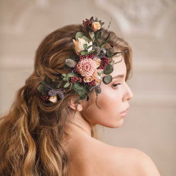 Shapable bridal vine with thistles Hair flowers Romantic bridal accessories Wedding hair comb Flexible hair vine Bendable wedding headpiece