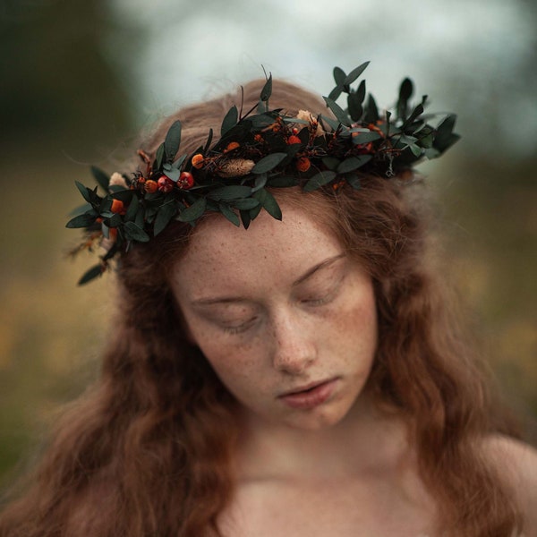 Couronne de cheveux de fleurs d’automne Coiffure orange brûlée Accessoires de mariage d’automne Couronne de cheveux de mariage Boho Magaela Mariée à être Verdure Mariée à être