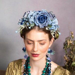 Blue Frida Flower Headband: Two-Sided Bridal Crown