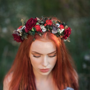 Boho wedding hair crown Red and white bridal hair wreath Bridal accessories Fall Big boho crown Red Burgundy roses bridal crown Magaela