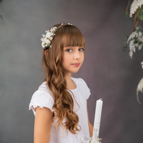 Holy communion flower set - headband, bracelet, candle decoration, Flower accessories for first communion, Wedding flower crown, Flower girl