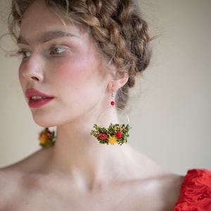 Summer yellow and red flower earrings for bride Circle floral earrings 2021 Wedding dangle earrings Handmade dried flower jewelry Magaela