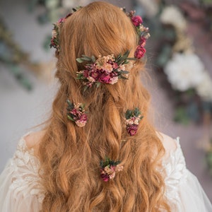 Burgundy flower hair comb and 3 hairpins Autumn wedding accessories Bridal hair jewellery Fall bridal hair pin Flower headpiece with berries