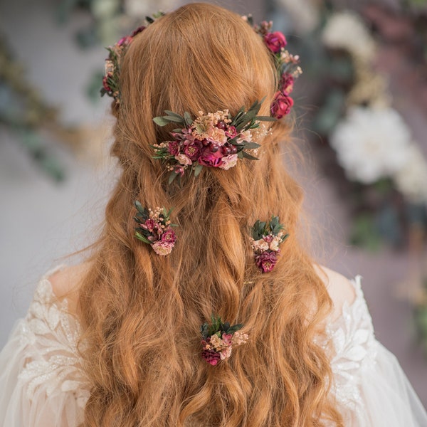 Peigne à cheveux fleur bordeaux et 3 épingles à cheveux Accessoires de mariage automne Bijoux de cheveux de mariée Épingle à cheveux de mariée automne Coiffe fleurie avec baies