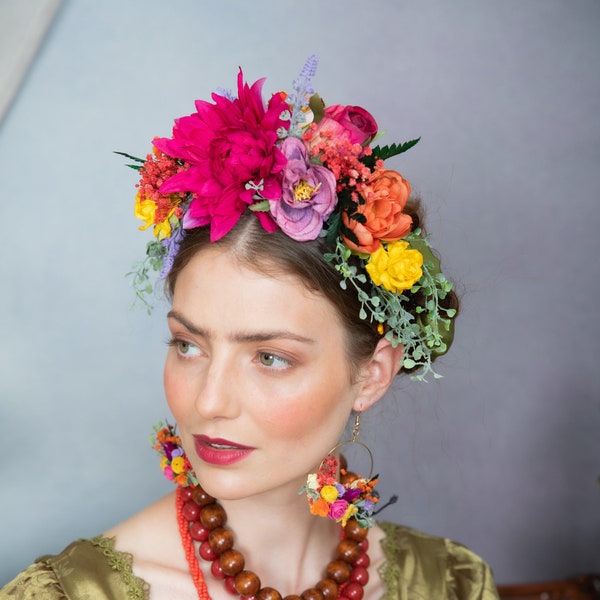 Serre-tête fleurs fuchsia, couronne de cheveux Frida Kahlo Serre-tête de mariage coloré couronne de mariage dahlias, jour des morts mexicain, mariage d'Halloween