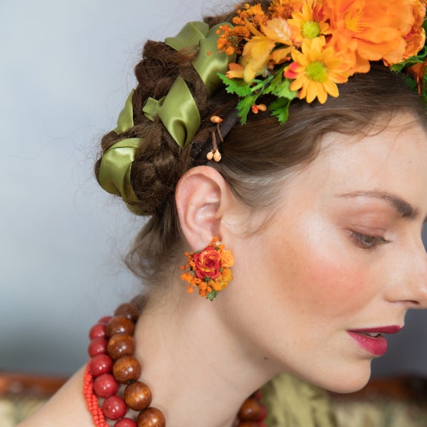 Orange flower clip on earrings Sunset stud earrings Bridal jewellery Big Autumn flower earrings Fall wedding Mexican cinco de mayo Magaela