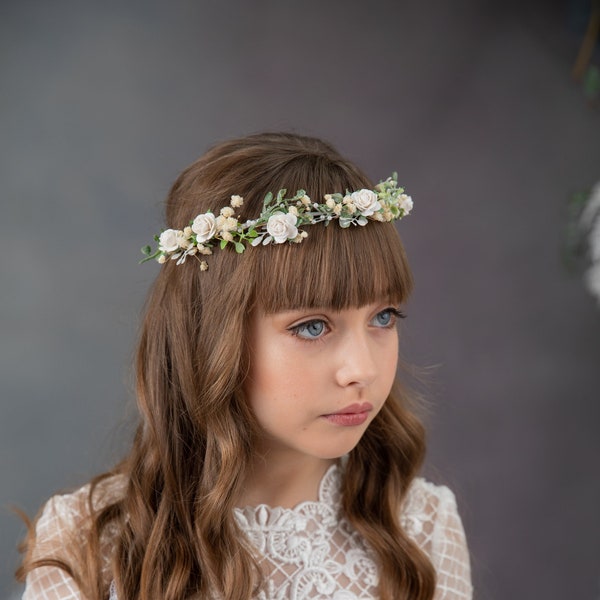 White communion hair wreath with roses First holy communion crown Bridal flower hair wreath Flower girl headband Wedding accessories Magaela