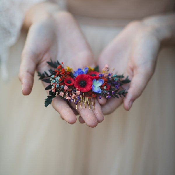 Petit peigne à fleurs de mariage folklorique Mariée à être Fleurs de pavot peigne nuptial Mariage slave Accessoires de mariage Fleurs de cheveux Magaela Peigne coloré