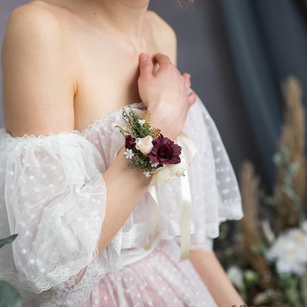 Bracelet romantique à fleurs bordeaux avec ruban Bracelets réglables de demoiselle d'honneur Bijoux de mariée Corsage en forme de fleur Accessoires de bal Magaela