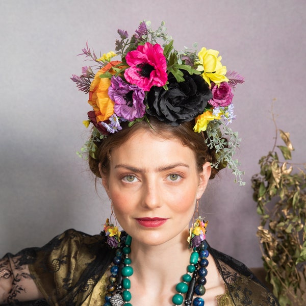 Colourful Frida Kahlo flower headband Big bridal crown Two sided Mexican headband Wedding accessories Cinco de mayo Halloween Magaela