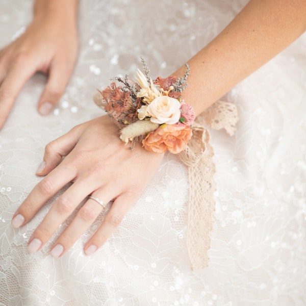 Bracelet romantique fleur d'oranger Corsage de poignet fleur de mariée avec dentelle Bracelet fleur d'automne pêche et ivoire Bracelets de demoiselle d'honneur Magaela