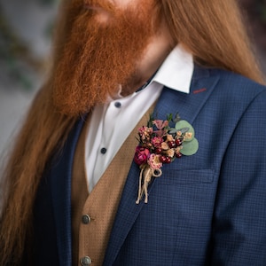 Burgundy flower boutonniere with berries Autumn wedding buttonhole Fall groom boutonniere Magaela accessories Eucalyptus red wine corsage