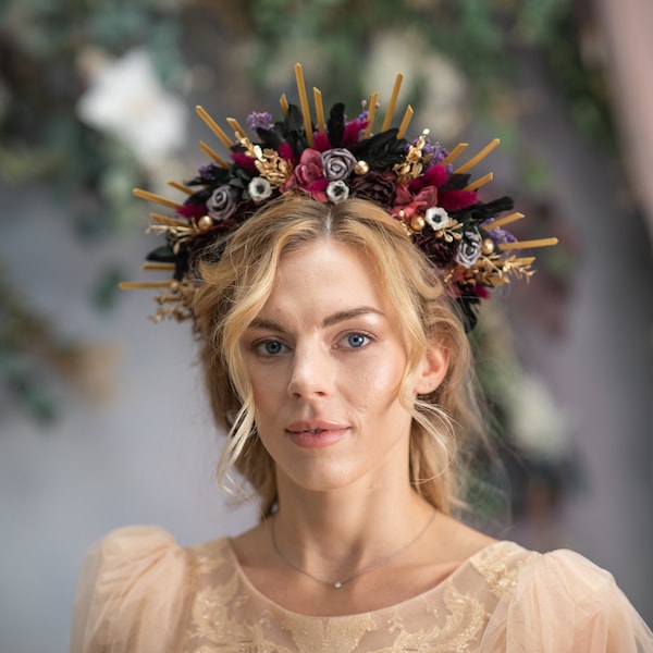 Burgundy halo crown with anemones Flower headpiece for bride Photoshoot halo crown Spiked Sun crown Gothic wedding Met gala crown Magaela