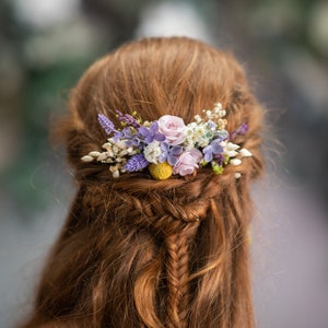 Spring lavender flower hair comb Lilac wedding headpiece Purple and yellow bridal flower comb Custom Summer wedding hair accessories Magaela image 1