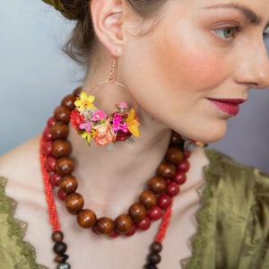 Colourful flower earrings Circle earrings Bridal dangle flower earrings Summer wedding earrings Pink Yellow hoop earrings Magaela jewellery