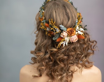 Tocado de boda Boho Corona de flores Boho Boda de terracota Corona de pelo con peine de pelo Boda de verano Boda de otoño Cottagecore Magaela