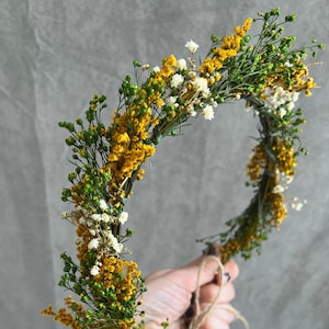 Natural flower hair crown Preserved flower hair wreathGreen Ochre Ivory Bridal half wreath Rustic wedding Bride to be Wedding accessories