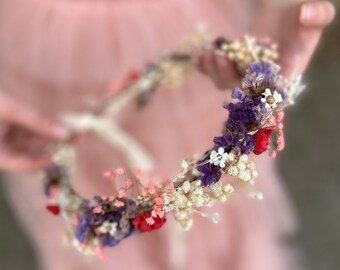 Natural dried flowers hair crown Wedding preserved flower wreath Baby's breath halo Purple red ivory headpiece Magaela Bridal accessories