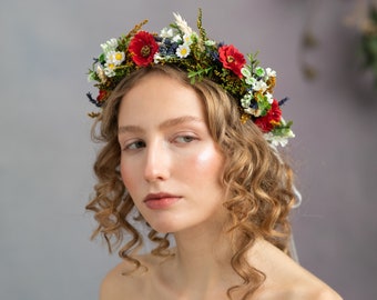 Couronne folklorique avec fleur de pavot et épi de blé Couronne colorée Couronne de cheveux de fleur Couronne de cheveux faite à la main Bandeau floral Bijoux de cheveux