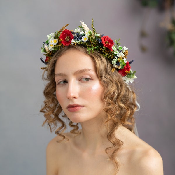 Folk crown with poppy flower and ear of wheat Colourful wreath Flower hair wreath Handmade hair wreath Floral headband Hair jewellery