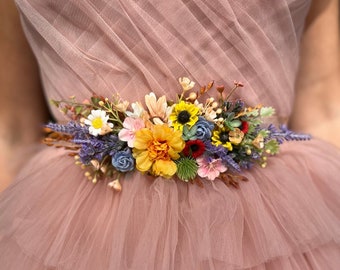 Summer colourful flower belt Sunflower daisy wedding belt Bridal flower sash for dress Belt with ribbon Spring wedding Lavender roses belt