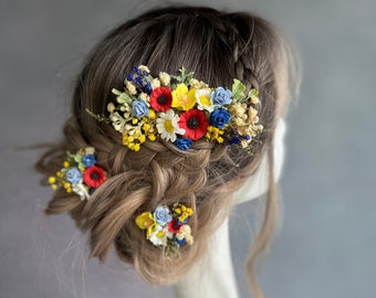 Folk meadow flower hair comb and hairpins Poppy flower Daisy wedding hairpin Colourful summer wedding flower comb Bridal accessories Magaela