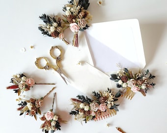 Woodland flower set Woodland hair comb Wedding in forest Autumn wedding Pine cones Pink cream flowers Rustic flowers Rustic wedding Magaela